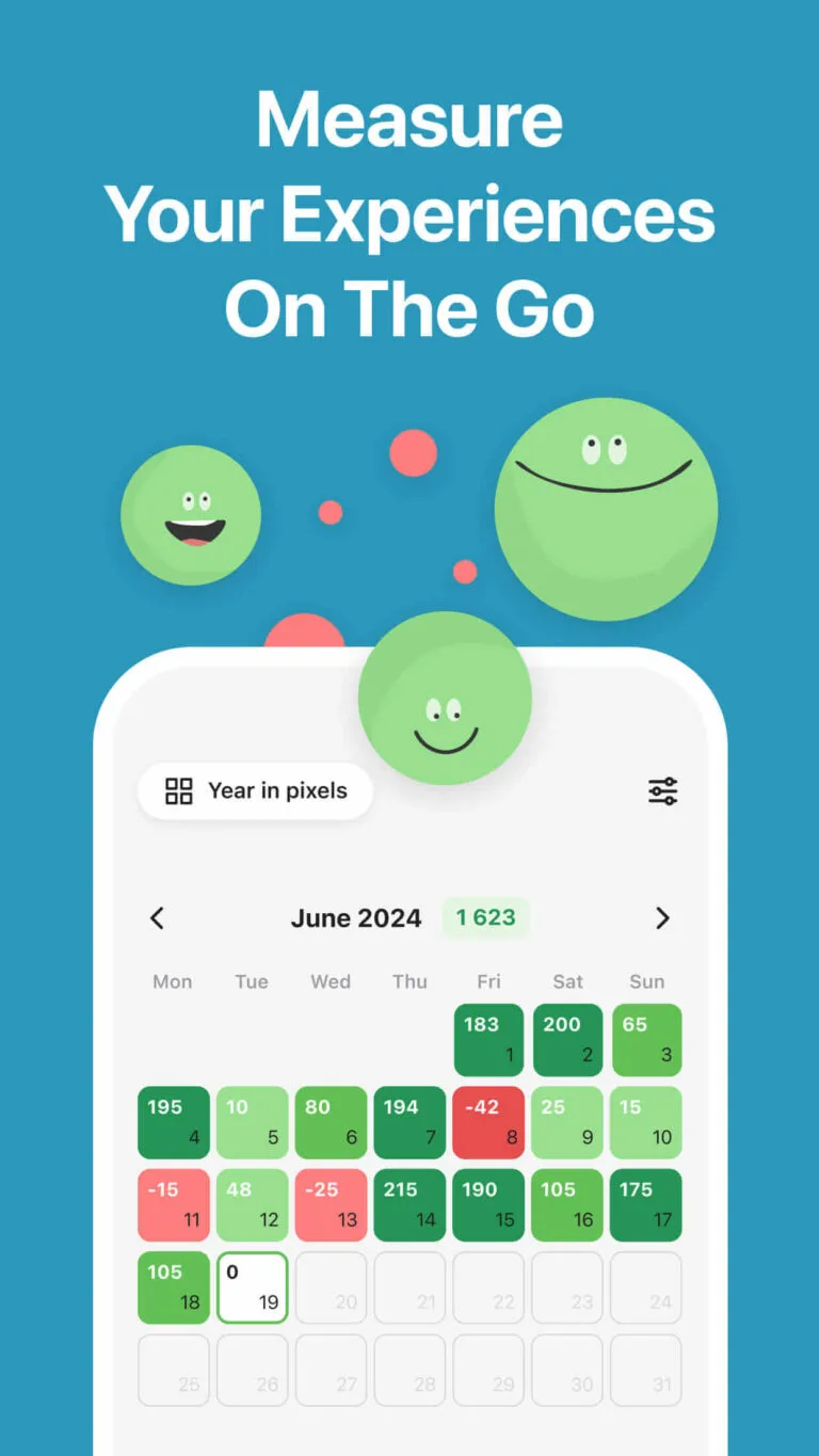 Emotly calendar view showing Year in Pixels with color-coded daily scores